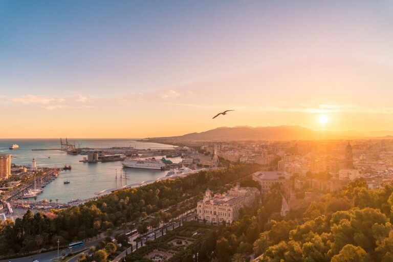 Sunset of a city skyline, near a harbour